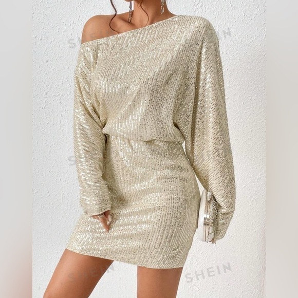 Metallic Apricot Asymmetrical Batwing Cocktail Dress, elastic waist, S: medium - Picture 1 of 3